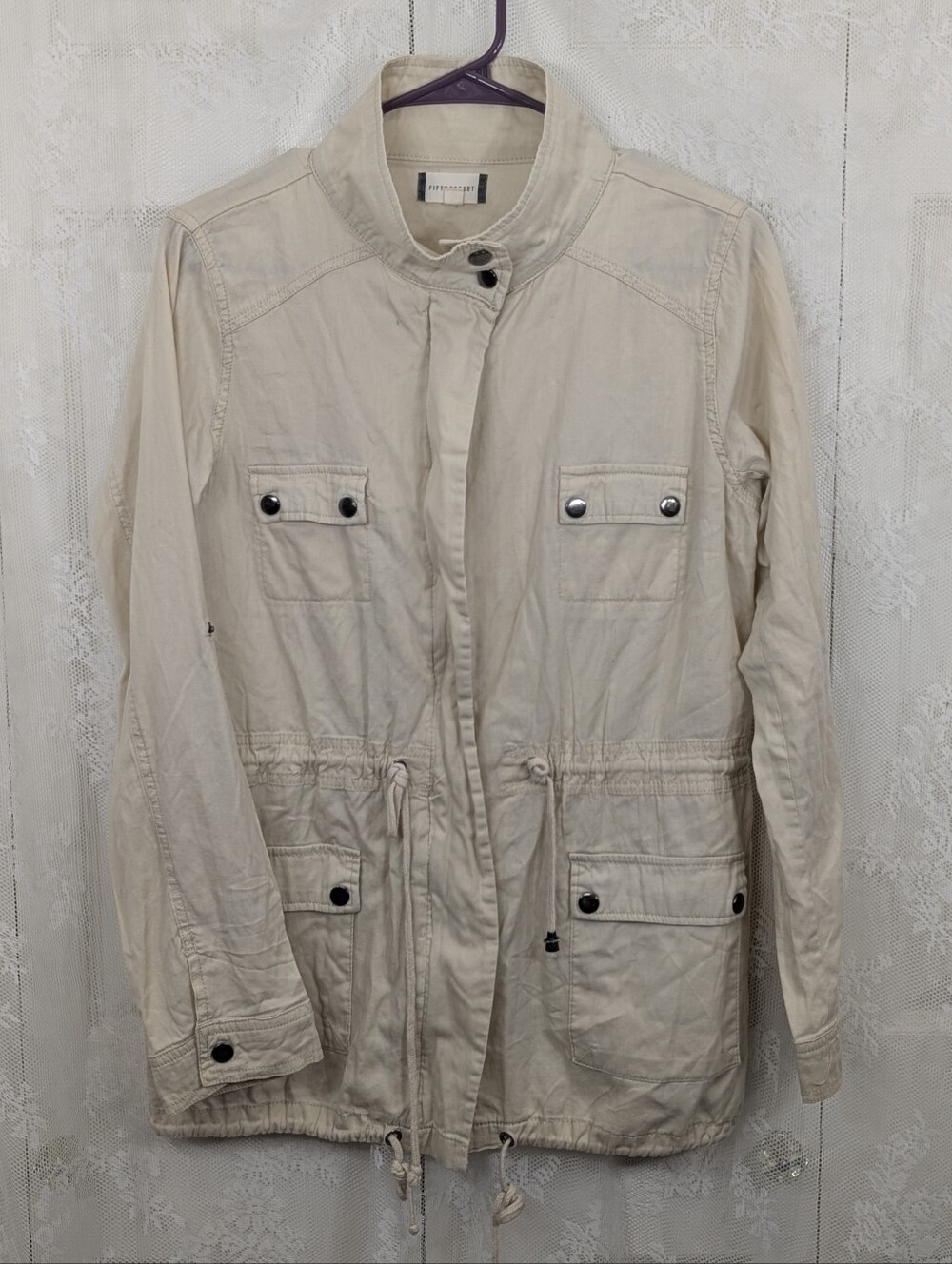 Fifty Street: Lightweight Utility Jacket with Drawstring Waist - Beige - Large